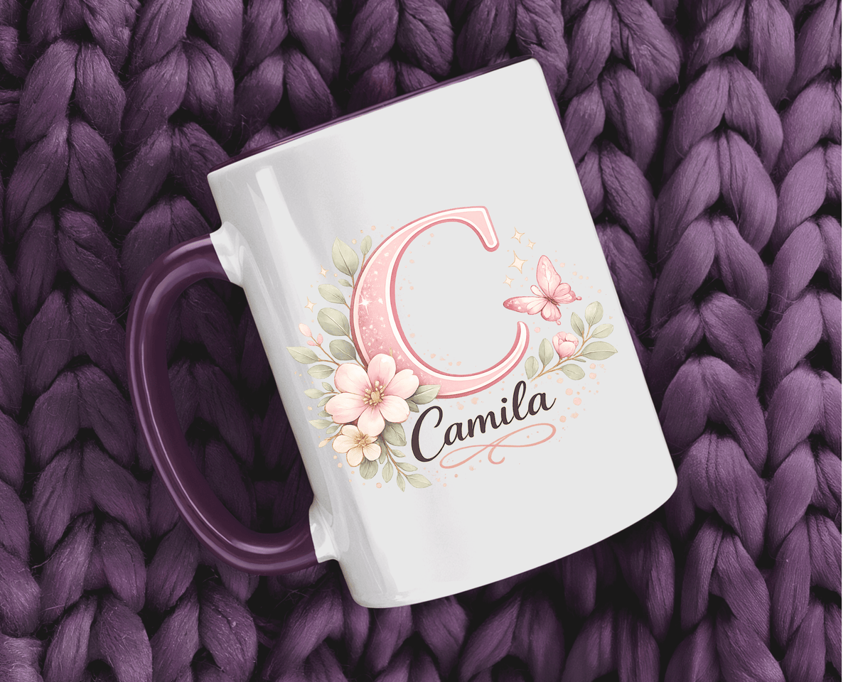 Personalized Initial Name Mug, Custom Floral Monogram Coffee Mug for Women, Butterfly Letter Cup, Birthday Gift for Her, Bridesmaid Mug