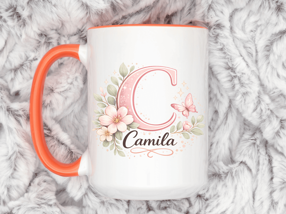 Personalized Initial Name Mug, Custom Floral Monogram Coffee Mug for Women, Butterfly Letter Cup, Birthday Gift for Her, Bridesmaid Mug