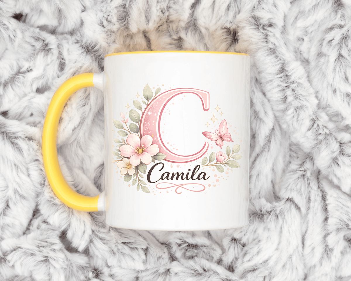 Personalized Initial Name Mug, Custom Floral Monogram Coffee Mug for Women, Butterfly Letter Cup, Birthday Gift for Her, Bridesmaid Mug
