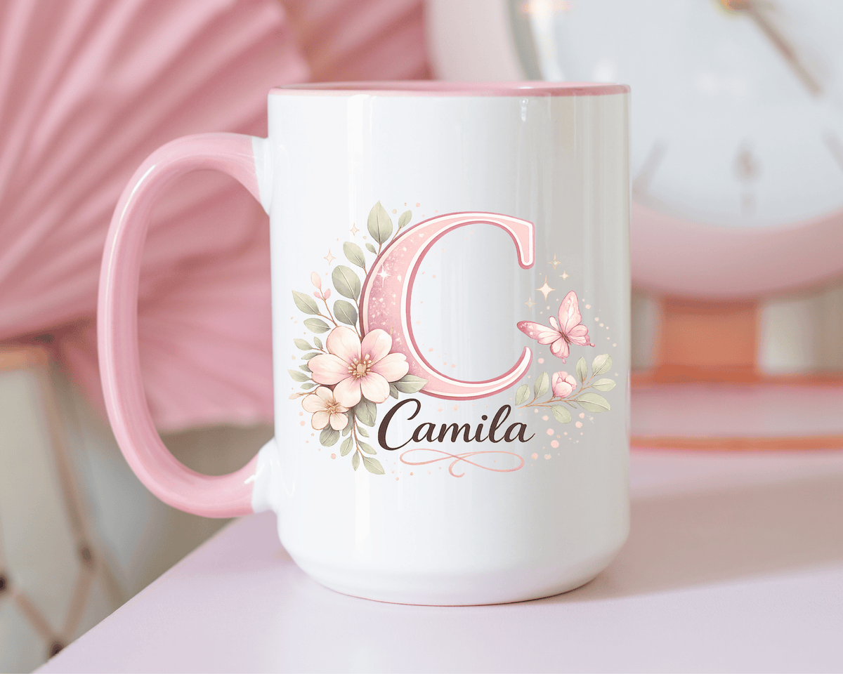 Personalized Initial Name Mug, Custom Floral Monogram Coffee Mug for Women, Butterfly Letter Cup, Birthday Gift for Her, Bridesmaid Mug