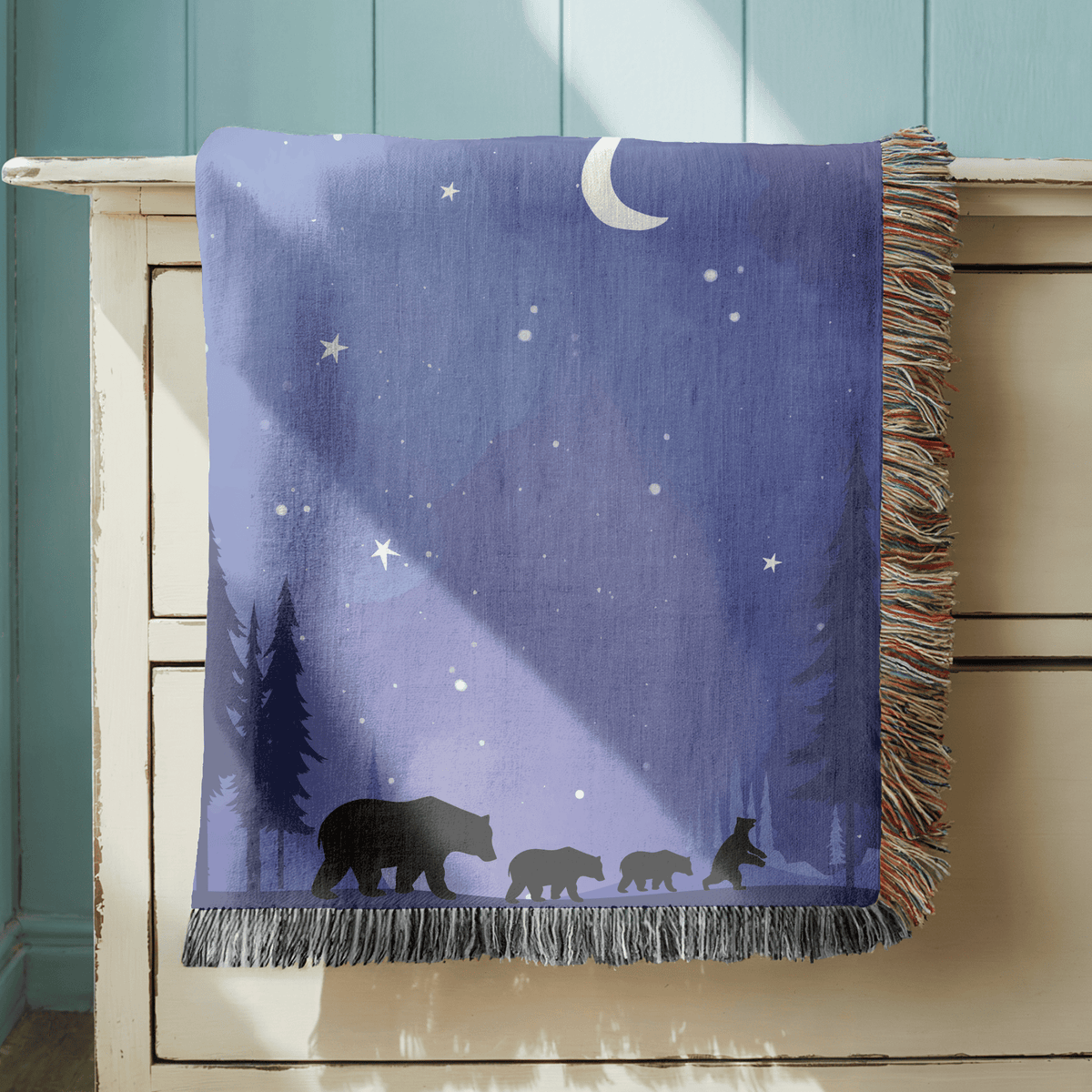 Bear Family Woven Blanket, Woodland Nursery Throw Blanket, Moonlit Forest Bear Decor, Nature Lover Gift, Rustic Cabin Blanket