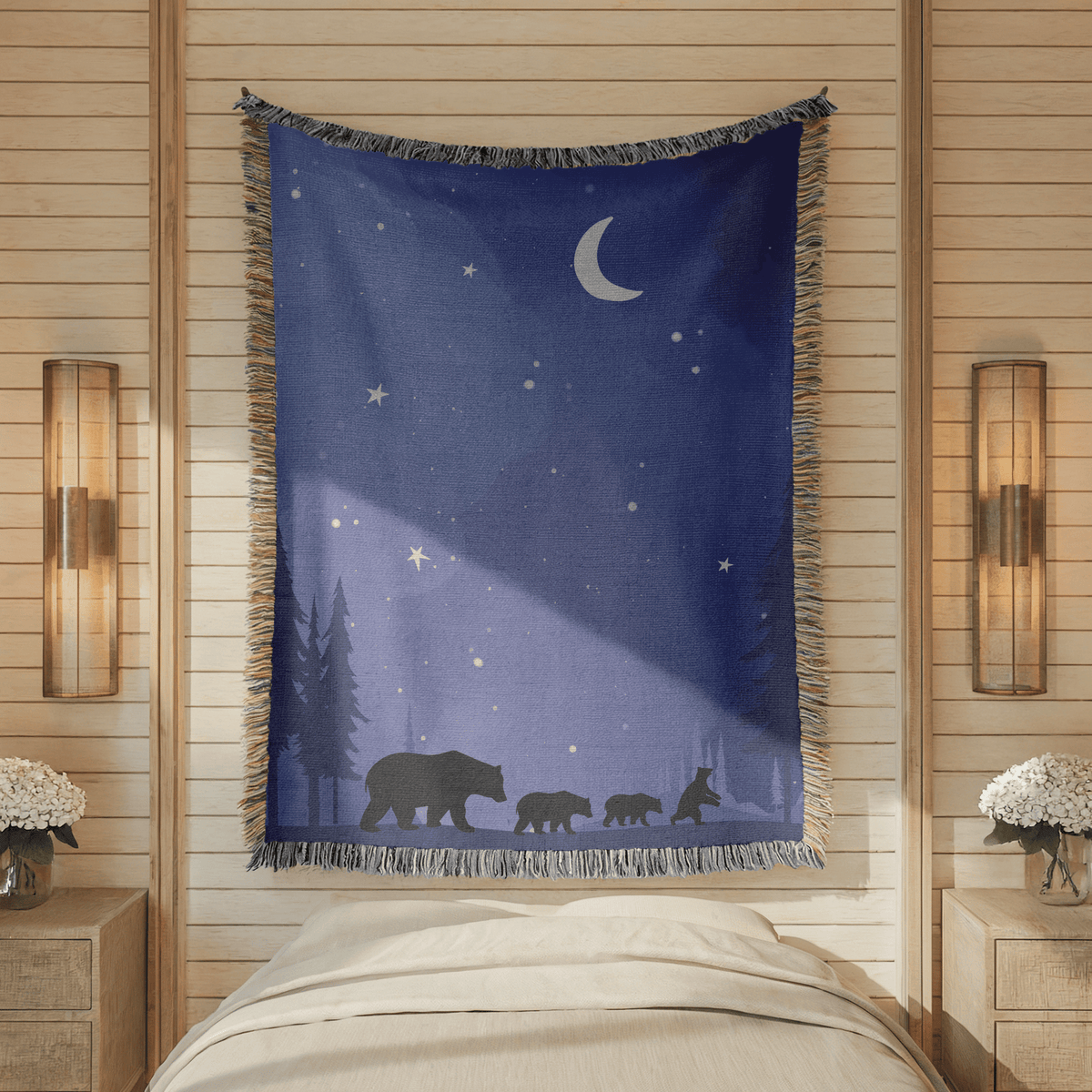 Bear Family Woven Blanket, Woodland Nursery Throw Blanket, Moonlit Forest Bear Decor, Nature Lover Gift, Rustic Cabin Blanket