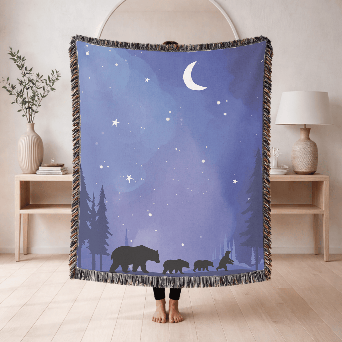 Bear Family Woven Blanket, Woodland Nursery Throw Blanket, Moonlit Forest Bear Decor, Nature Lover Gift, Rustic Cabin Blanket