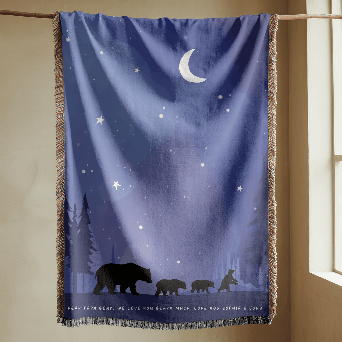 Bear Family Woven Blanket, Woodland Nursery Throw Blanket, Moonlit Forest Bear Decor, Nature Lover Gift, Rustic Cabin Blanket