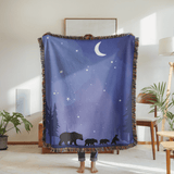 Bear Family Woven Blanket, Woodland Nursery Throw Blanket, Moonlit Forest Bear Decor, Nature Lover Gift, Rustic Cabin Blanket