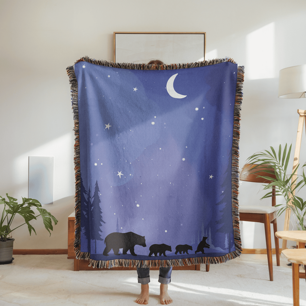 Bear Family Woven Blanket, Woodland Nursery Throw Blanket, Moonlit Forest Bear Decor, Nature Lover Gift, Rustic Cabin Blanket
