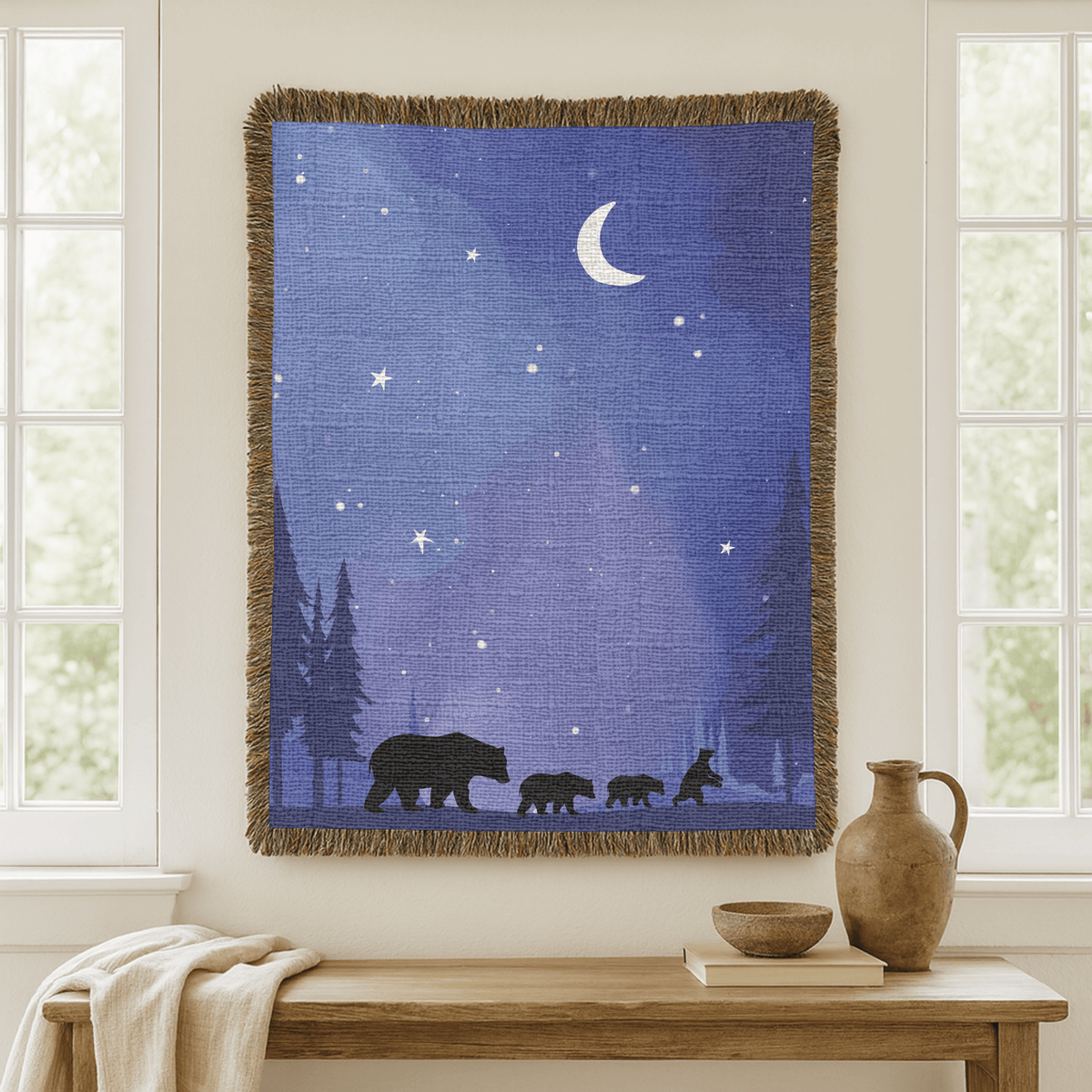 Bear Family Woven Blanket, Woodland Nursery Throw Blanket, Moonlit Forest Bear Decor, Nature Lover Gift, Rustic Cabin Blanket