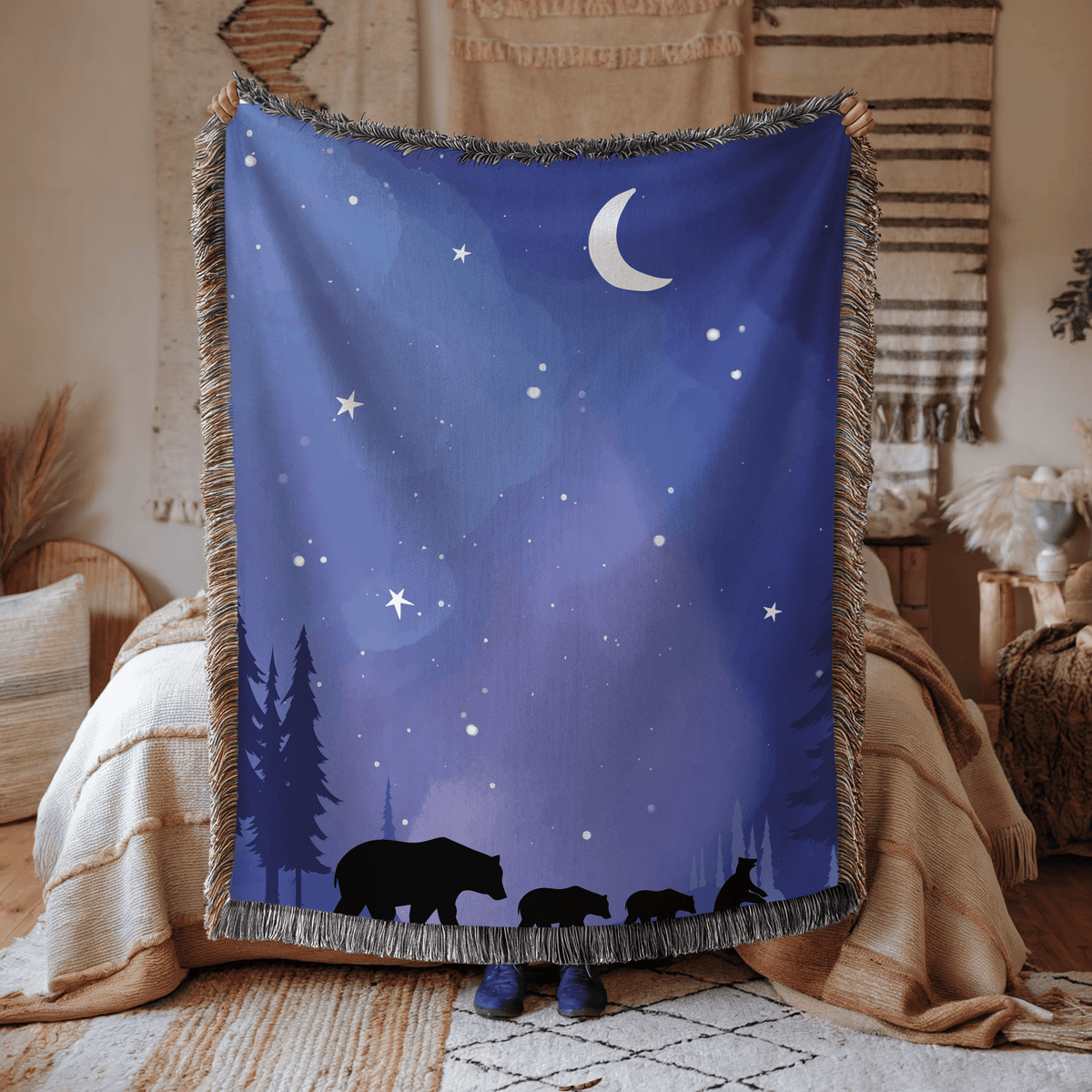 Bear Family Woven Blanket, Woodland Nursery Throw Blanket, Moonlit Forest Bear Decor, Nature Lover Gift, Rustic Cabin Blanket