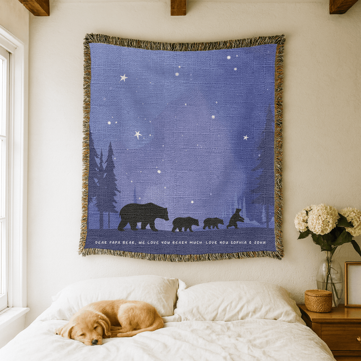 Bear Family Woven Blanket, Woodland Nursery Throw Blanket, Moonlit Forest Bear Decor, Nature Lover Gift, Rustic Cabin Blanket