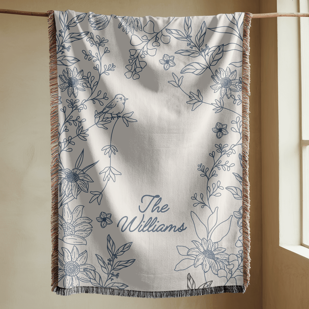 Personalized Family Name Woven Blanket, Custom Floral Throw Blanket, Botanical Home Decor Gift, Wedding Gift for Couple, Housewarming Keepsake