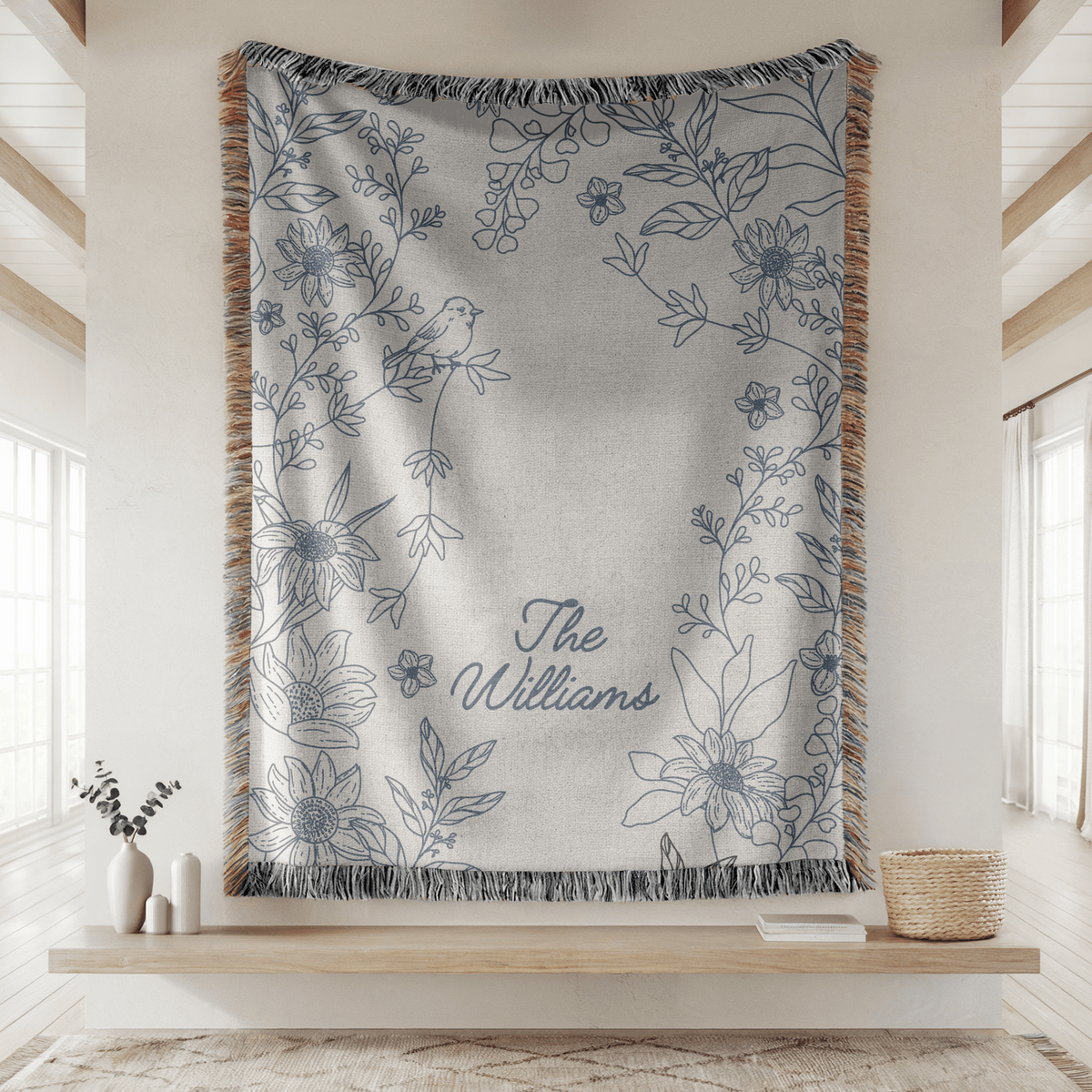 Personalized Family Name Woven Blanket, Custom Floral Throw Blanket, Botanical Home Decor Gift, Wedding Gift for Couple, Housewarming Keepsake