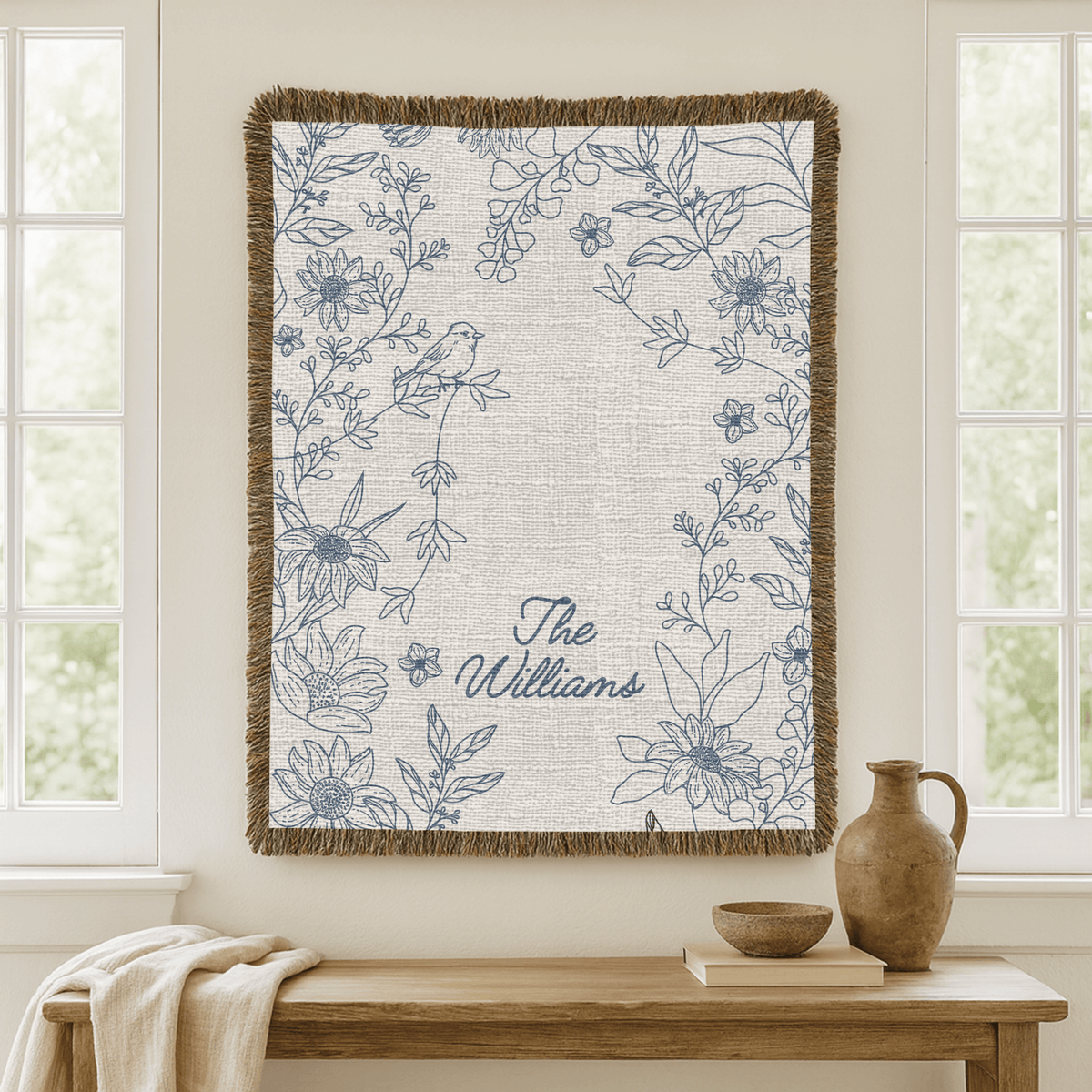 Personalized Family Name Woven Blanket, Custom Floral Throw Blanket, Botanical Home Decor Gift, Wedding Gift for Couple, Housewarming Keepsake