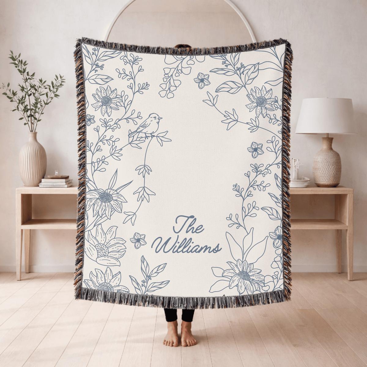 Personalized Family Name Woven Blanket, Custom Floral Throw Blanket, Botanical Home Decor Gift, Wedding Gift for Couple, Housewarming Keepsake
