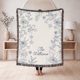 Personalized Family Name Woven Blanket, Custom Floral Throw Blanket, Botanical Home Decor Gift, Wedding Gift for Couple, Housewarming Keepsake