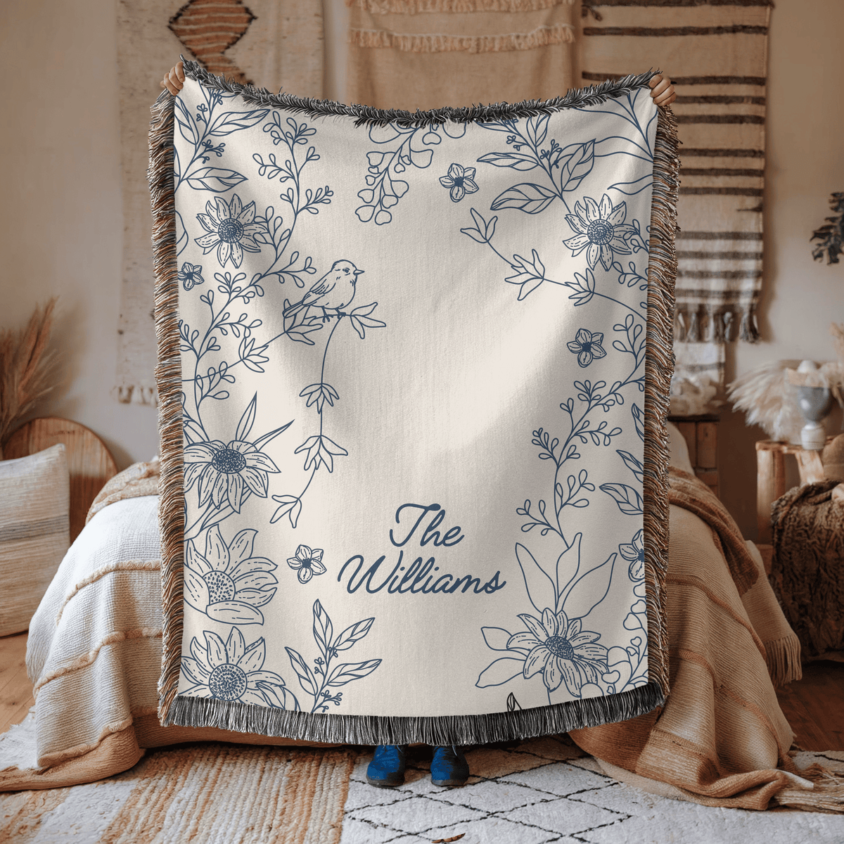 Personalized Family Name Woven Blanket, Custom Floral Throw Blanket, Botanical Home Decor Gift, Wedding Gift for Couple, Housewarming Keepsake