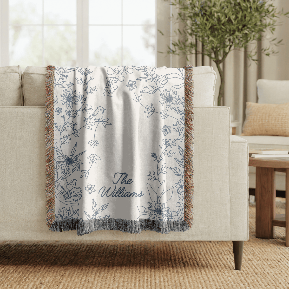 Personalized Family Name Woven Blanket, Custom Floral Throw Blanket, Botanical Home Decor Gift, Wedding Gift for Couple, Housewarming Keepsake
