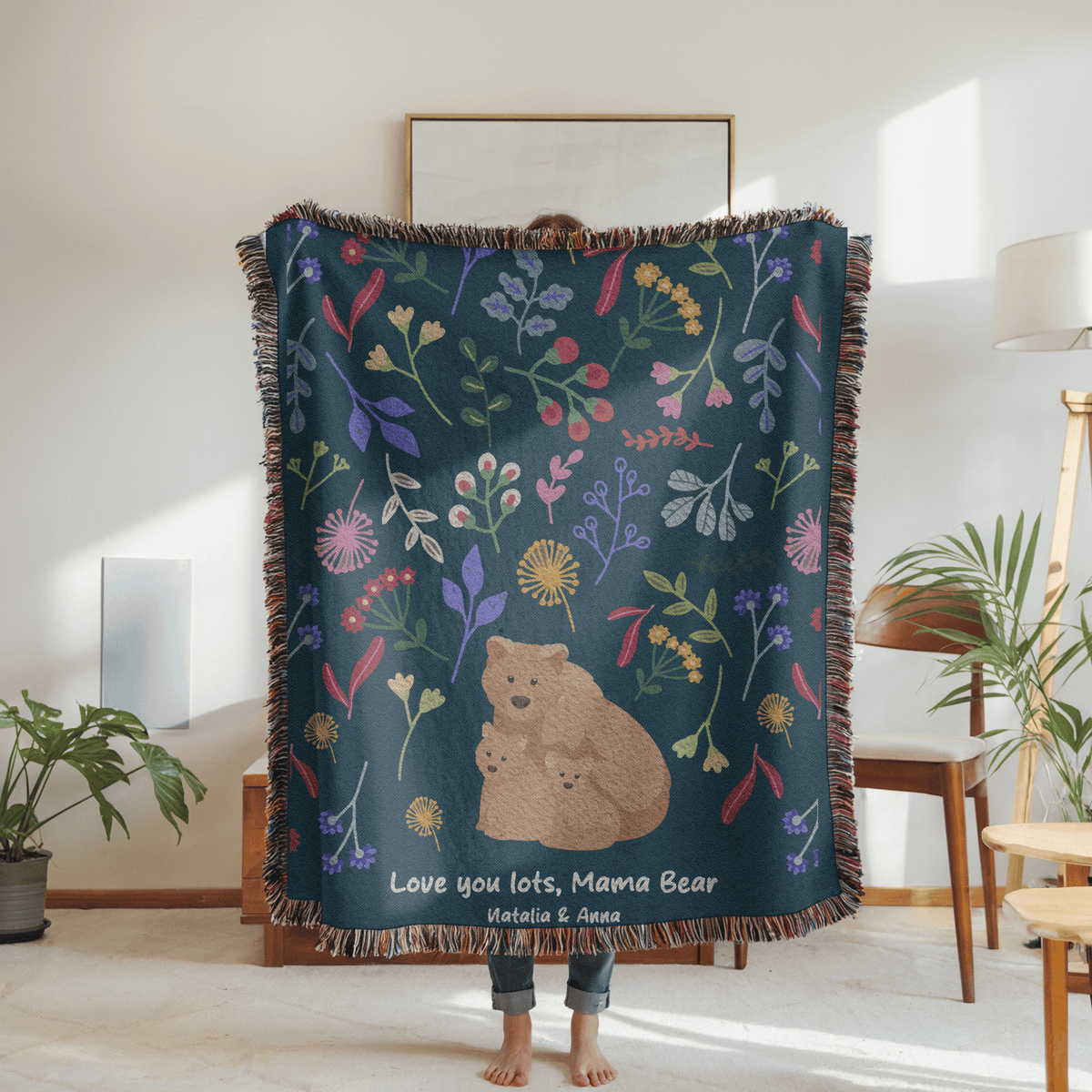 Personalized Mama Bear Woven Blanket, Custom Mother Daughter Throw Blanket, Bear Family Gift for Mom, Floral Wildlife Blanket, Mother's Day Gift