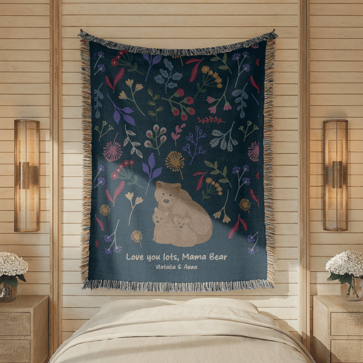 Personalized Mama Bear Woven Blanket, Custom Mother Daughter Throw Blanket, Bear Family Gift for Mom, Floral Wildlife Blanket, Mother's Day Gift