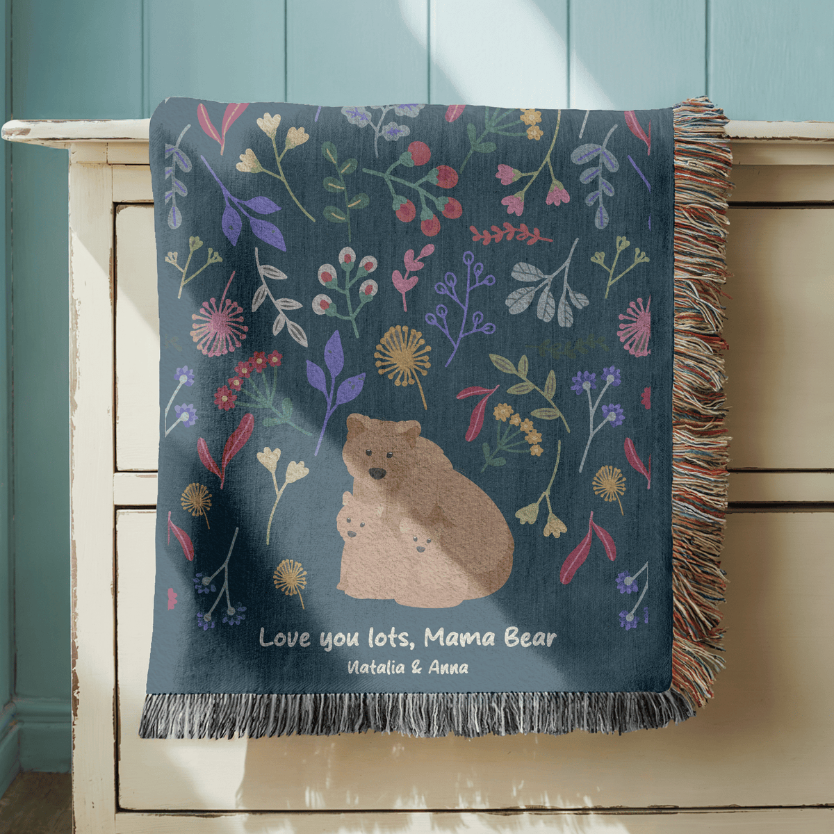 Personalized Mama Bear Woven Blanket, Custom Mother Daughter Throw Blanket, Bear Family Gift for Mom, Floral Wildlife Blanket, Mother's Day Gift