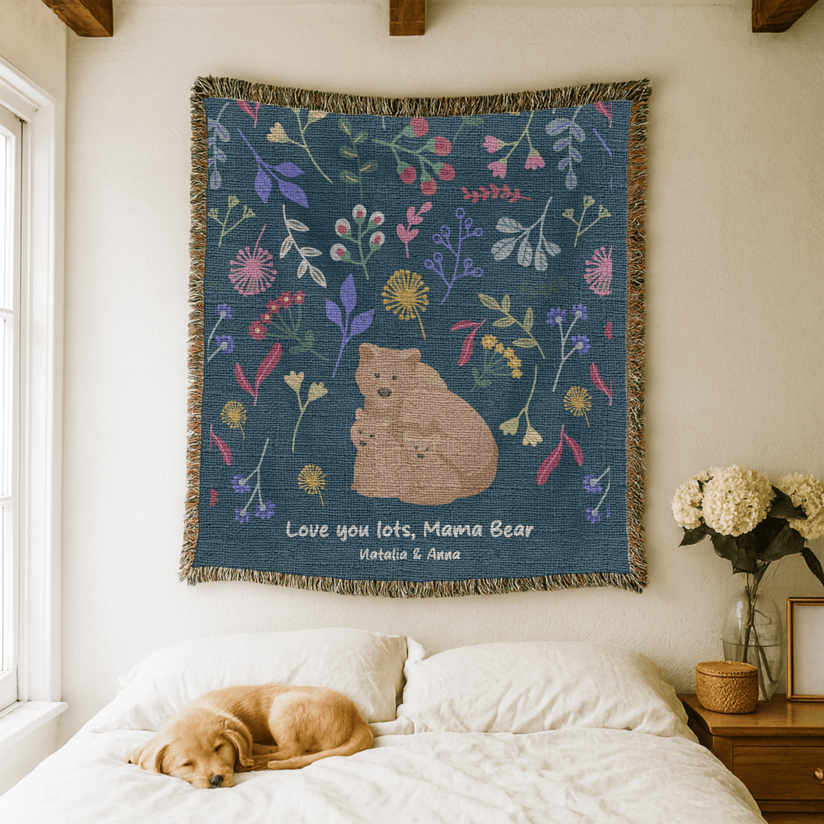 Personalized Mama Bear Woven Blanket, Custom Mother Daughter Throw Blanket, Bear Family Gift for Mom, Floral Wildlife Blanket, Mother's Day Gift