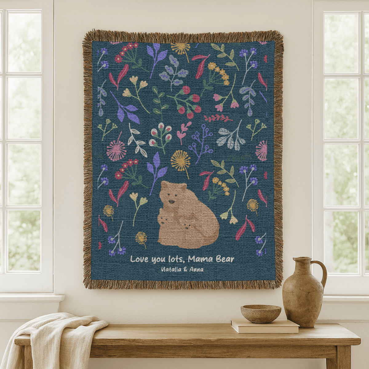 Personalized Mama Bear Woven Blanket, Custom Mother Daughter Throw Blanket, Bear Family Gift for Mom, Floral Wildlife Blanket, Mother's Day Gift
