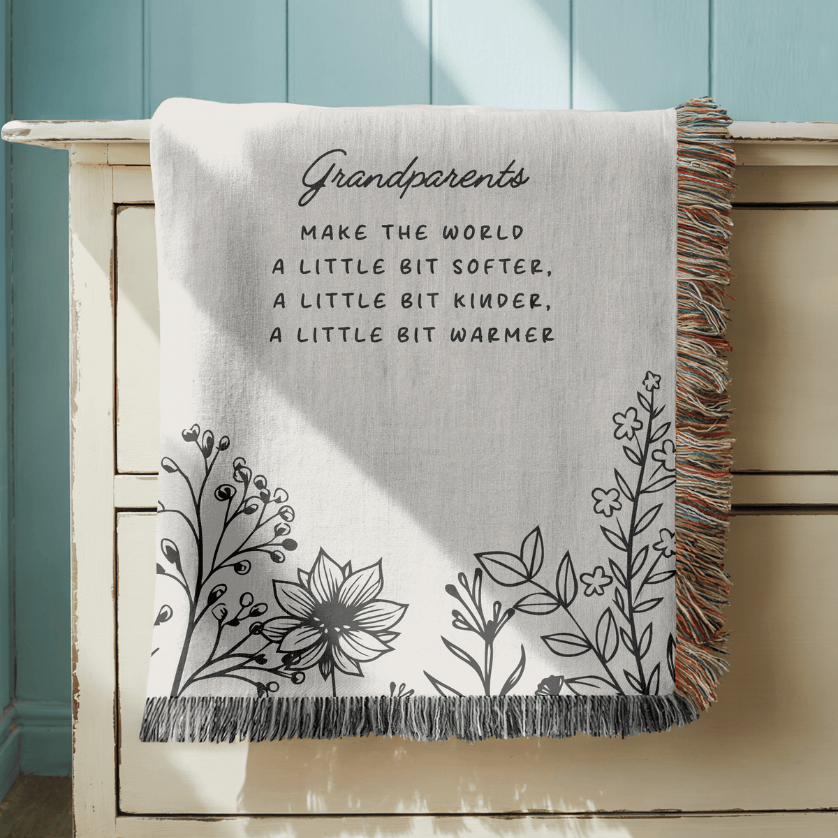 Grandparents Quote Woven Blanket, Gift for Grandma and Grandpa, Personalized Family Throw Blanket, Grandparent Appreciation Gift, Floral Keepsake