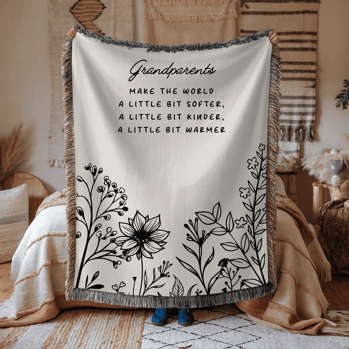 Grandparents Quote Woven Blanket, Gift for Grandma and Grandpa, Personalized Family Throw Blanket, Grandparent Appreciation Gift, Floral Keepsake