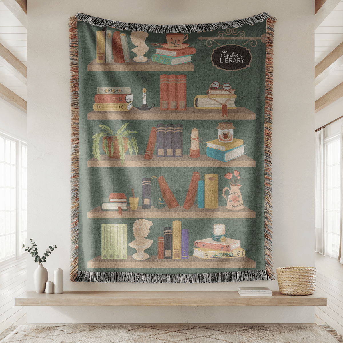 Personalized Library Woven Blanket, Custom Book Lover Throw Blanket, Reading Nook Decor, Literary Gift for Reader, Cozy Bookshelf Blanket