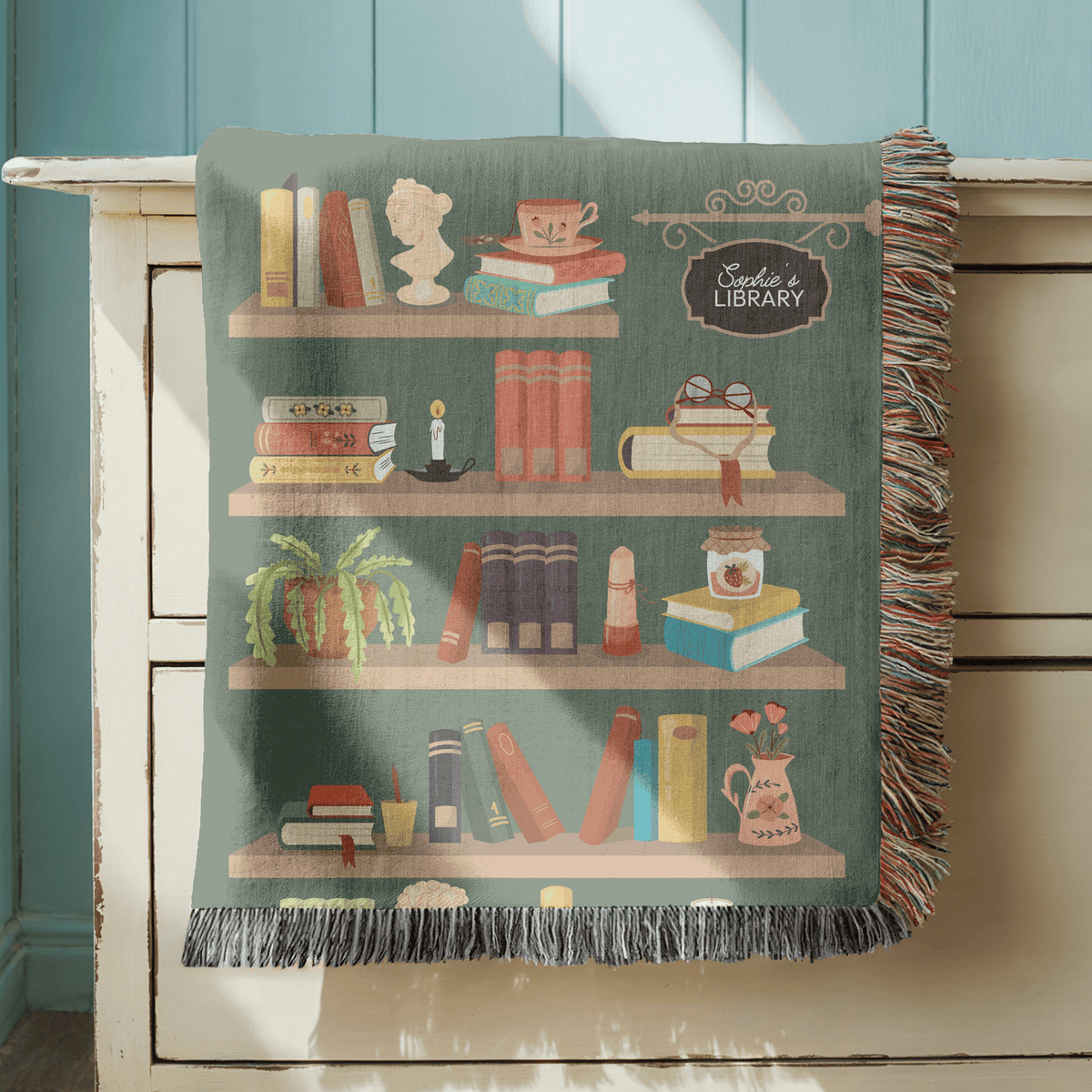 Personalized Library Woven Blanket, Custom Book Lover Throw Blanket, Reading Nook Decor, Literary Gift for Reader, Cozy Bookshelf Blanket