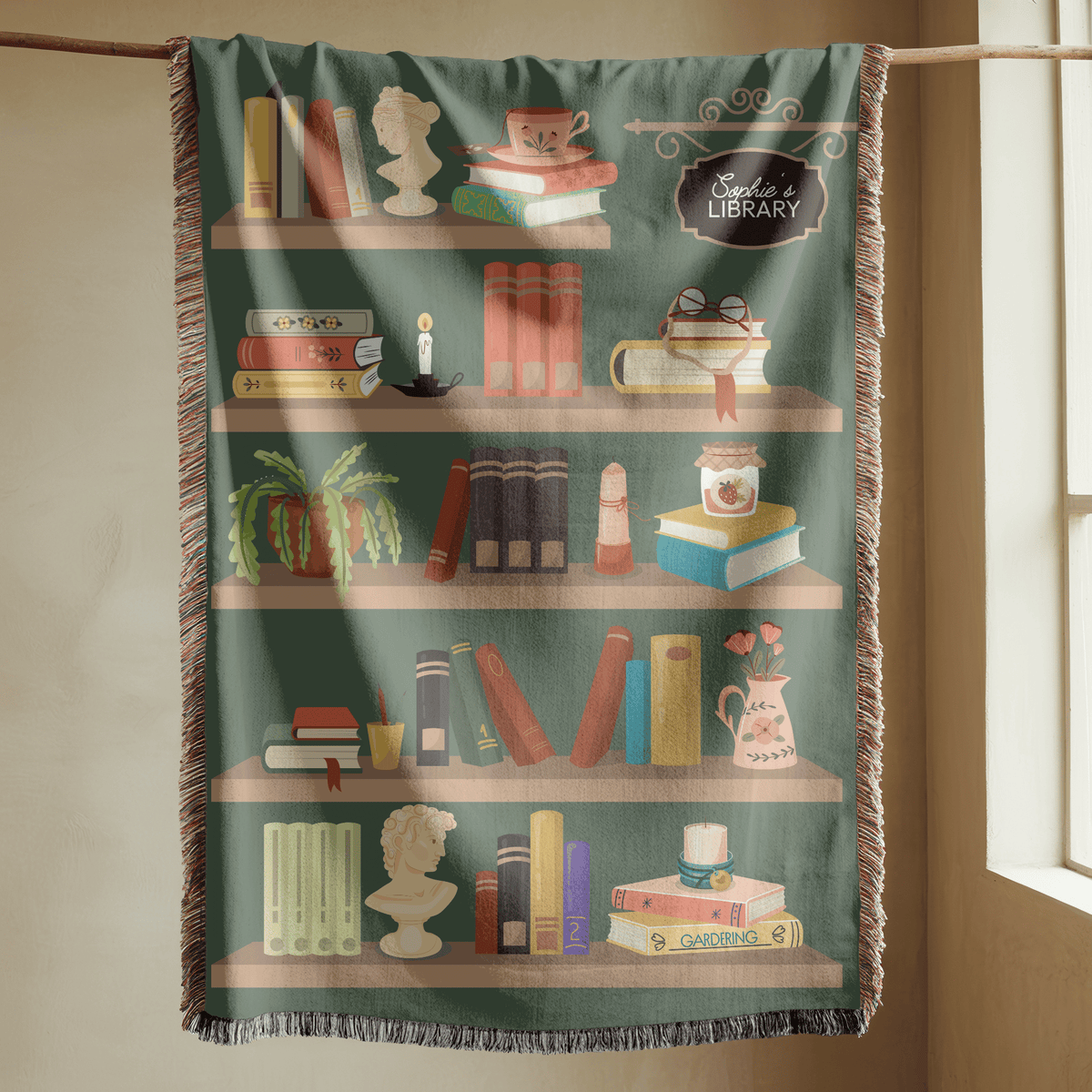 Personalized Library Woven Blanket, Custom Book Lover Throw Blanket, Reading Nook Decor, Literary Gift for Reader, Cozy Bookshelf Blanket