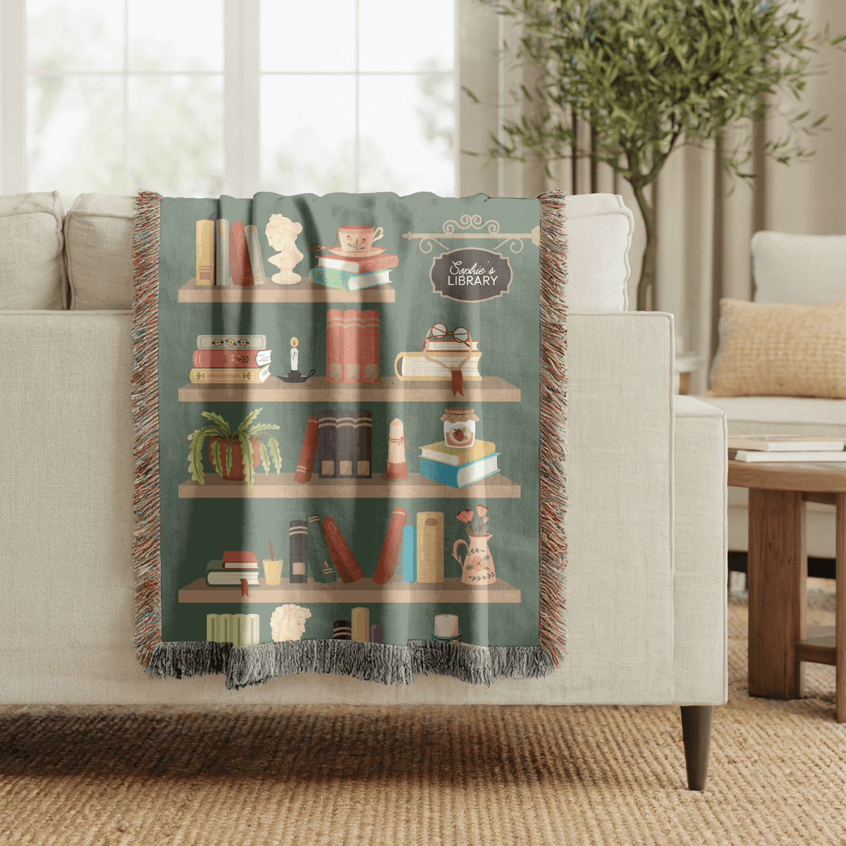 Personalized Library Woven Blanket, Custom Book Lover Throw Blanket, Reading Nook Decor, Literary Gift for Reader, Cozy Bookshelf Blanket