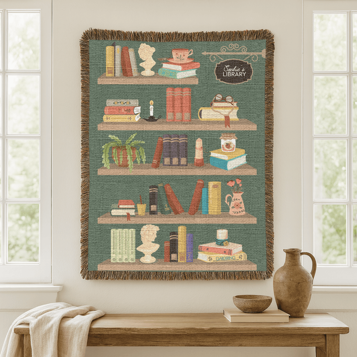 Personalized Library Woven Blanket, Custom Book Lover Throw Blanket, Reading Nook Decor, Literary Gift for Reader, Cozy Bookshelf Blanket