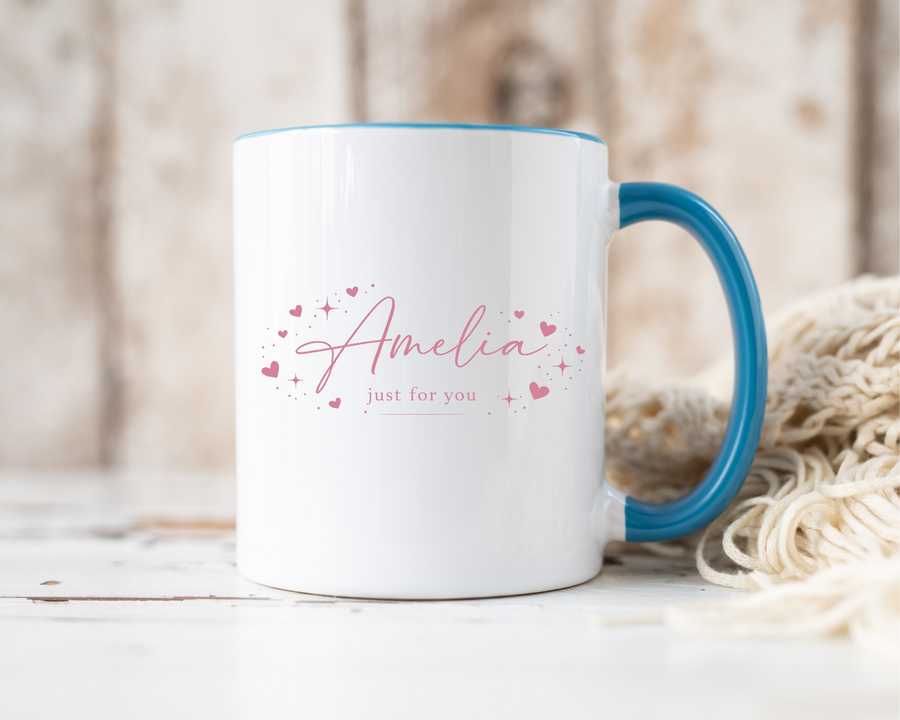 Custom Name Amelia Coffee Mug, Personalized Just For You Birthday Gift for Her, Cute Pink Hearts Script Initial Ceramic Tea Cup with Light Blue Handle