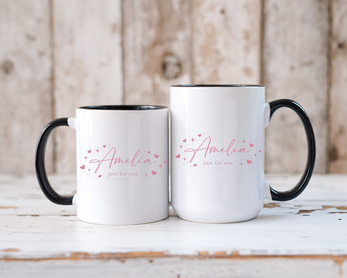 Custom Name Amelia Coffee Mug, Personalized Just For You Birthday Gift for Her, Cute Pink Hearts Script Initial Ceramic Tea Cup with Light Blue Handle