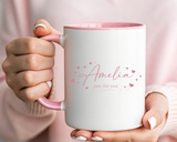 Custom Name Amelia Coffee Mug, Personalized Just For You Birthday Gift for Her, Cute Pink Hearts Script Initial Ceramic Tea Cup with Light Blue Handle