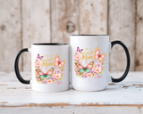 To a Wonderful Mum Coffee Mug, Cute Butterfly Birthday Gift for Mother, Floral Pastel Watercolor Ceramic Tea Cup with Pink Handle, Mum Gift