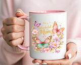 To a Wonderful Mum Coffee Mug, Cute Butterfly Birthday Gift for Mother, Floral Pastel Watercolor Ceramic Tea Cup with Pink Handle, Mum Gift