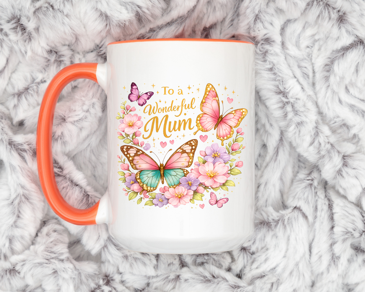 To a Wonderful Mum Coffee Mug, Cute Butterfly Birthday Gift for Mother, Floral Pastel Watercolor Ceramic Tea Cup with Pink Handle, Mum Gift