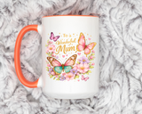 To a Wonderful Mum Coffee Mug, Cute Butterfly Birthday Gift for Mother, Floral Pastel Watercolor Ceramic Tea Cup with Pink Handle, Mum Gift