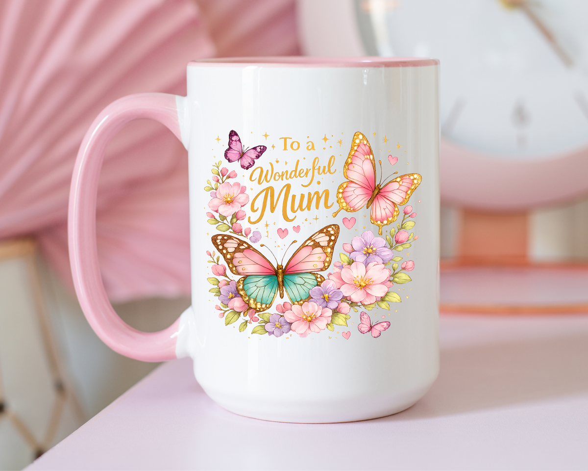 To a Wonderful Mum Coffee Mug, Cute Butterfly Birthday Gift for Mother, Floral Pastel Watercolor Ceramic Tea Cup with Pink Handle, Mum Gift
