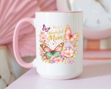 To a Wonderful Mum Coffee Mug, Cute Butterfly Birthday Gift for Mother, Floral Pastel Watercolor Ceramic Tea Cup with Pink Handle, Mum Gift