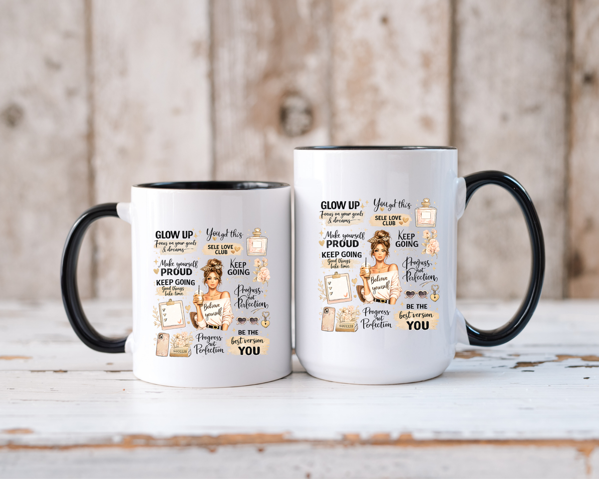 Glow Up Affirmations Coffee Mug, Girl Boss Self Care Gift for Her, Cute Messy Bun Aesthetic Motivational Ceramic Tea Cup with Pink Handle