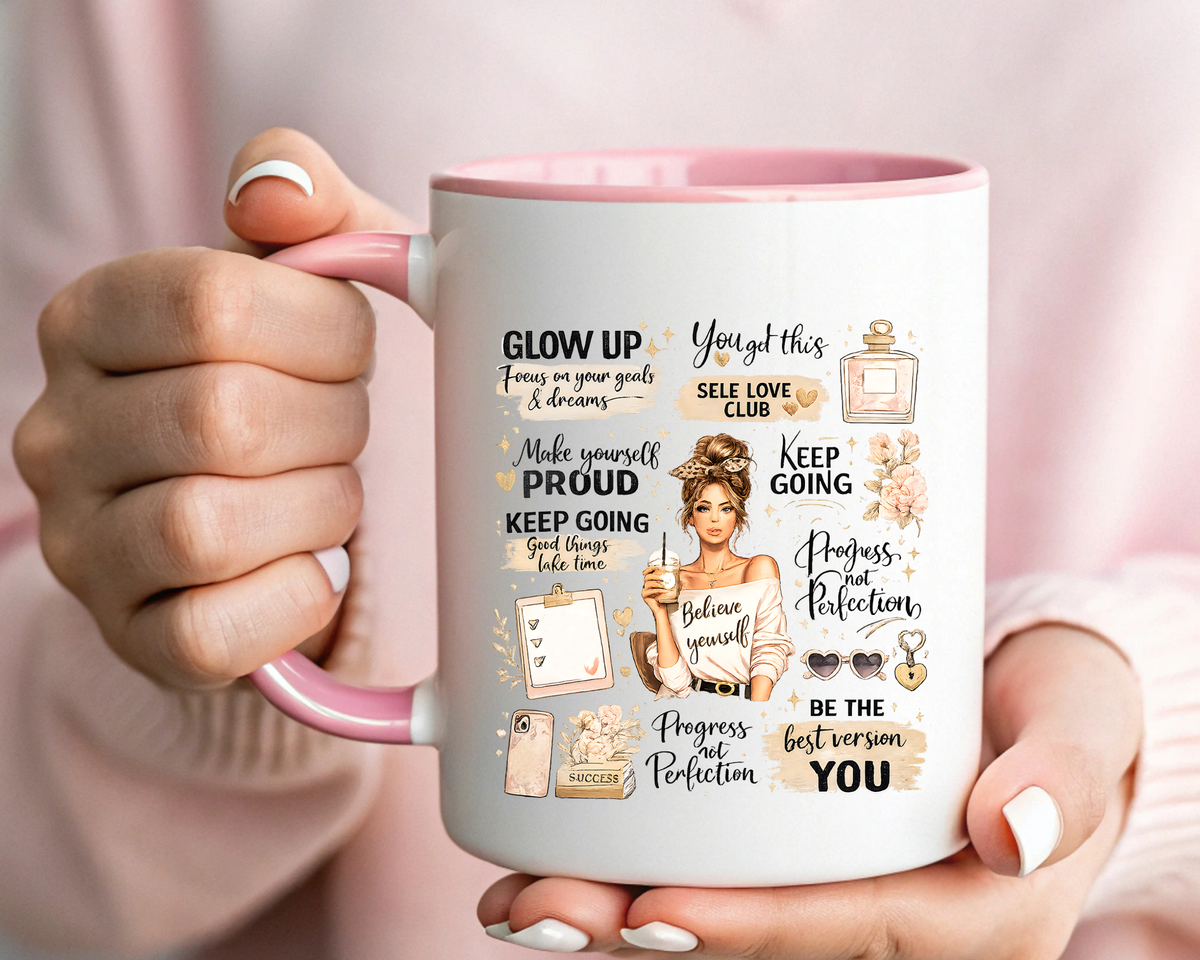 Glow Up Affirmations Coffee Mug, Girl Boss Self Care Gift for Her, Cute Messy Bun Aesthetic Motivational Ceramic Tea Cup with Pink Handle