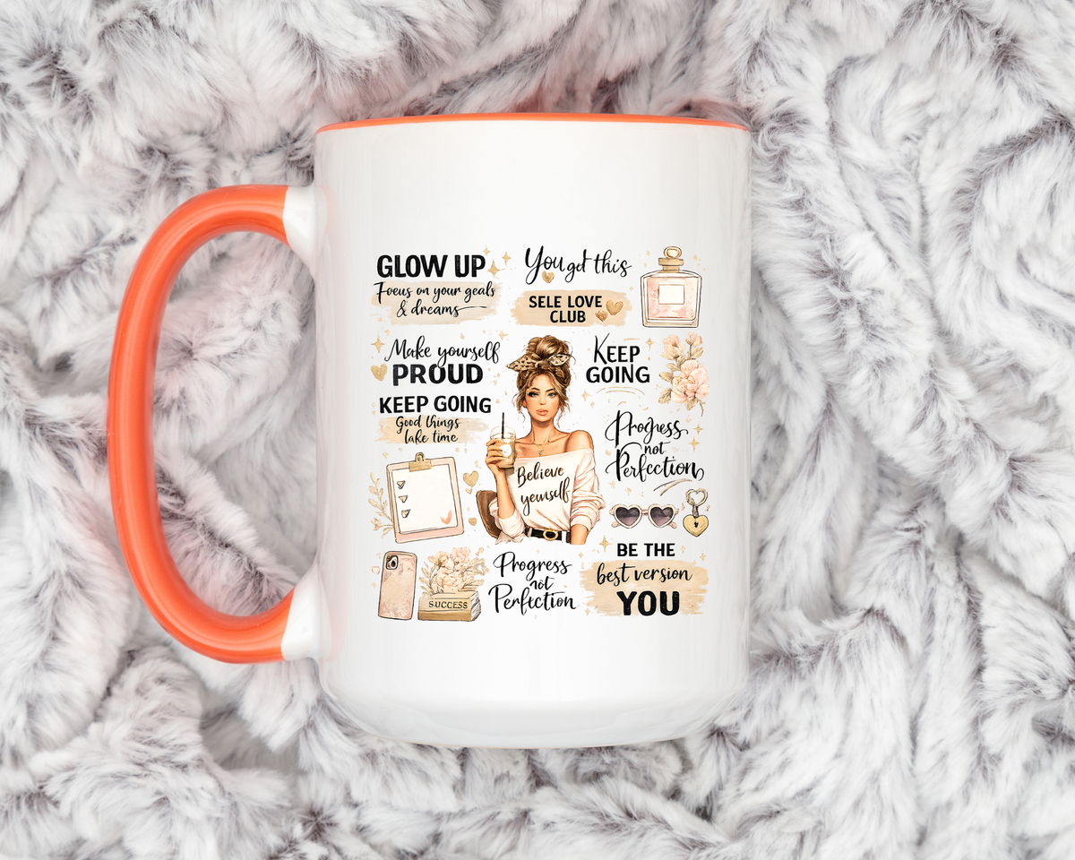 Glow Up Affirmations Coffee Mug, Girl Boss Self Care Gift for Her, Cute Messy Bun Aesthetic Motivational Ceramic Tea Cup with Pink Handle