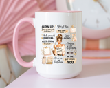 Glow Up Affirmations Coffee Mug, Girl Boss Self Care Gift for Her, Cute Messy Bun Aesthetic Motivational Ceramic Tea Cup with Pink Handle
