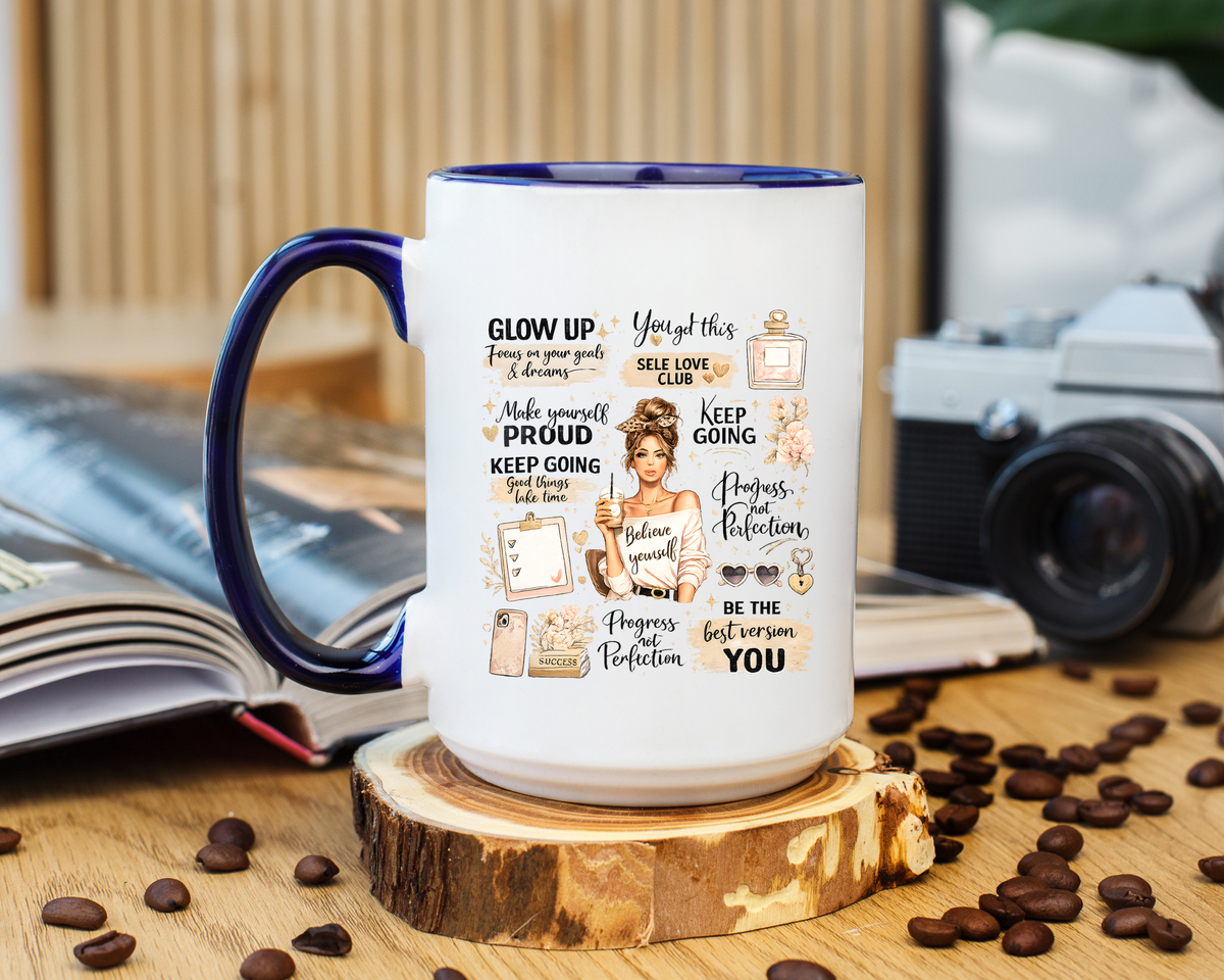 Glow Up Affirmations Coffee Mug, Girl Boss Self Care Gift for Her, Cute Messy Bun Aesthetic Motivational Ceramic Tea Cup with Pink Handle