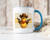 Good Repeating Slogan Cowboy Peanut Mug, Funny Western Office Joke Gift for Coworkers, Sarcastic Outlaw Ceramic Tea Cup with Dark Blue Handle