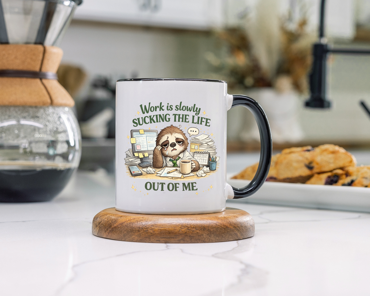 Work Is Slowly Sucking The Life Out Of Me Coffee Mug, Funny Sloth Office Joke Gift for Coworkers, Sarcastic Ceramic Tea Cup with Black Handle