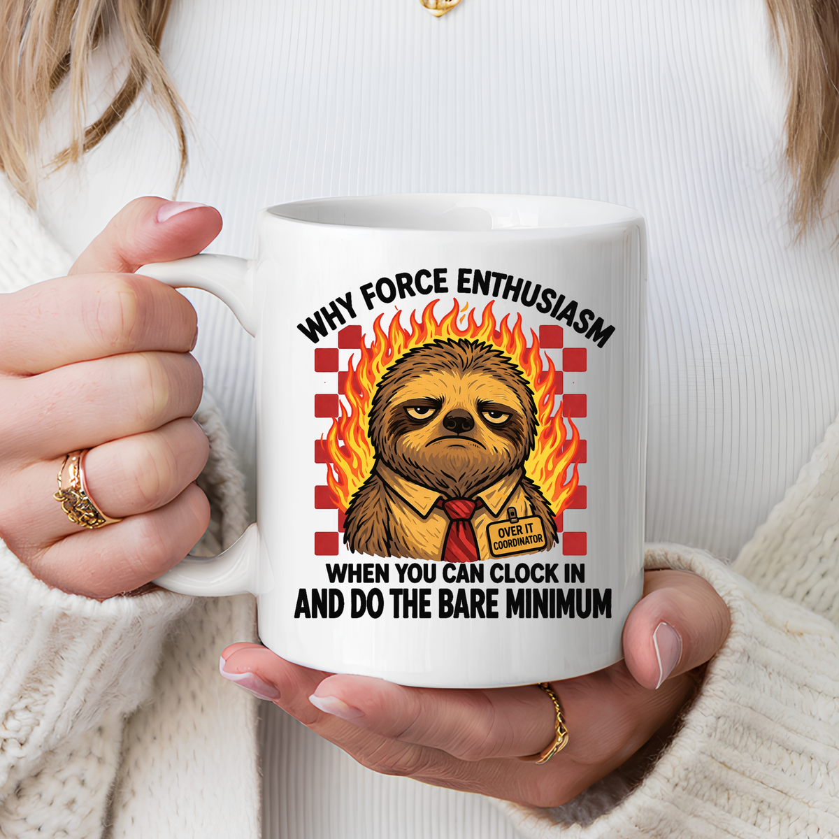 Why Force Enthusiasm When You Can Clock In And Do The Bare Minimum Coffee Mug, Funny Sloth Office Joke Gift for Coworkers, Sarcastic Ceramic Tea Cup with Pink Handle