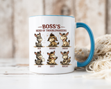 Boss's Guide to Troubleshooting Coffee Mug, Funny Office Joke Gift for Coworkers, Sarcastic Donkey Jackass Ceramic Tea Cup with Dark Blue Handle